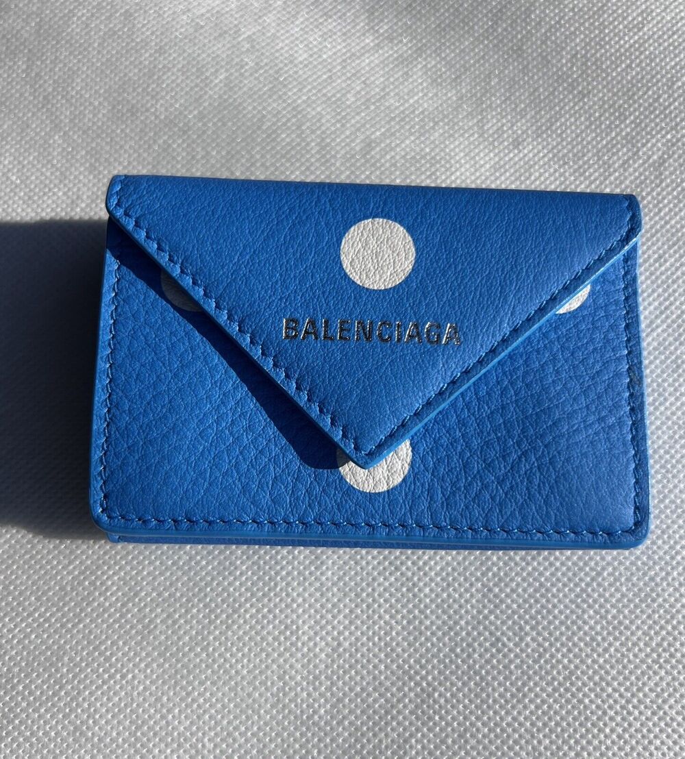 Balenciaga Polka Dot Calfskin Papier Mini Wallet Blue & White - Picture 1 of 7